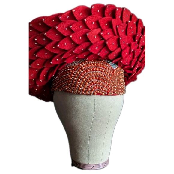 Vtg George Zamaul Couture Glamour Hat Red Rhinestone African Nigerian Beaded main image 12